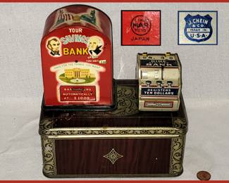 Tin Litho Banks, Line Mar Toys Japan, J Chein & Co. USA and Old Tin