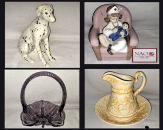 Cute Little Dalmatian,  NAO Figurine, Purple Glass Basket and Small Pitcher and Bowl Set 
