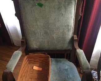 Longaberger baskets AND just look at this beautiful Antique chair with gorgeous walnut wood trim...a new cover would make this the centerpiece of any room!