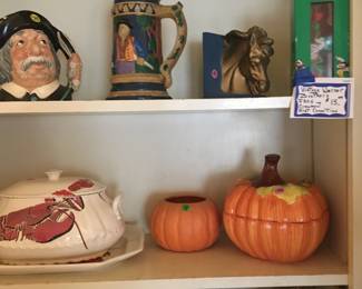 So many decorative items, a lobster stew tureen and platter, collectible steins, fall pumpkins and horse items!  You name it, we got it!