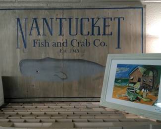 Nantucket sign, framed beach watercolor.