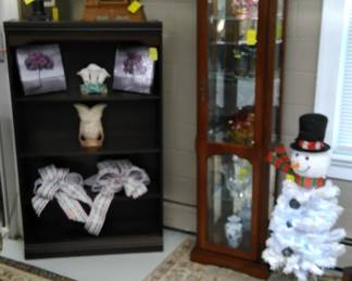 Bookcase, Mirrored Curio,  Vintage Gingerbread Kitchen Clock, Snowman Tree, etc.