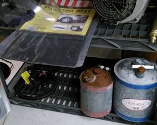 Gas leaf blower (works), vintage cans.