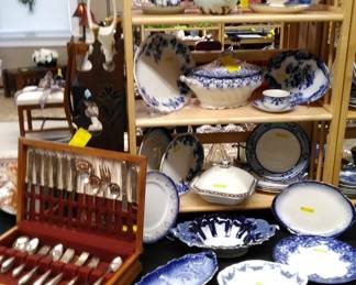 Flow Blue, Silver Plate Flatware with case.