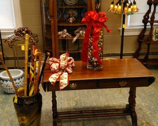 Drop Leaf Sofa Table, American Art Pottery Umbrella Stand, Canes, etc.