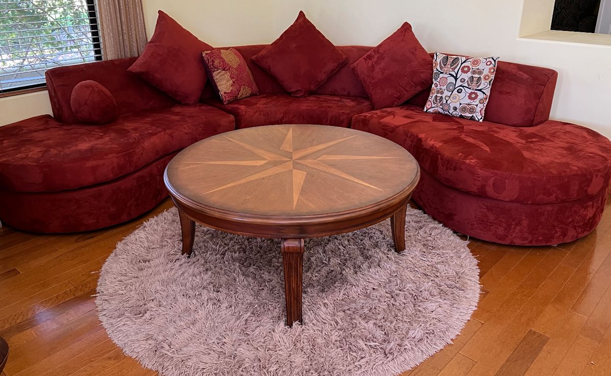 Curved Sofa, Starburst Coffee Table, End Table and Sofa Table, Area Rug 