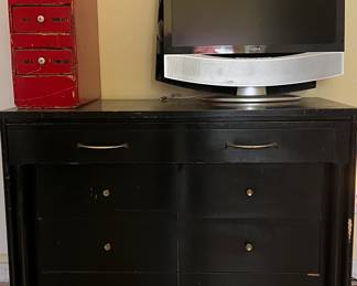 Vintage Sewing Table w Storage. Vintage Red Storage Chest, Insignia TV