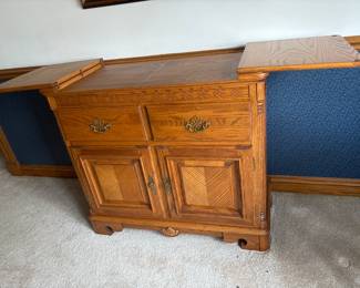 61x17 x33 with expandable sideboards open
30x17x33 with closed
Solid Oak Buffet Server
Beautiful carved wood inlays