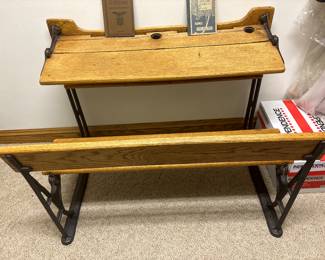 38x27x30
Antique primitive wrought iron and oak double seated school school desk
No 3.L LCC
Seat folds up and desktop folds up
Has 2 ink wells