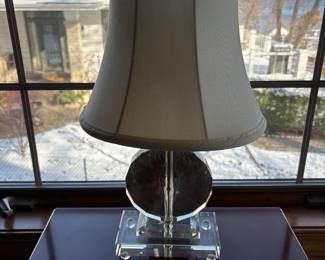 20” vintage Hollywood Regency solid glass and acrylic footed base lamp. 1940’s
Brushed chrome
Glass multi faceted finial