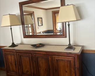 Solid wood  buffet Cabinet
72 x 19x 37

46 x 36 solid wood beveled mirror with wood inlay

Pair of brown metal table lamps 31”
Metal decor tray 10x10