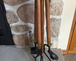 Vintage wood , brass & metal fireplace tool set