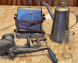 Antique:
 Toaster
Meat Grinder
Coffee Pot
Sealtest Mini Milk Bottle
