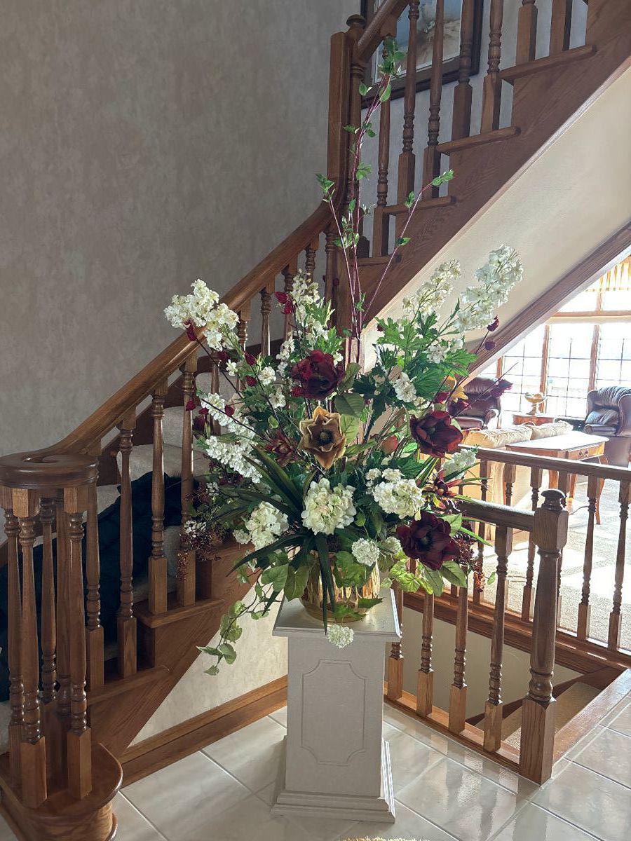 Gorgeous entrance hall potted faux flower bouquet 60”
15x15x25 painted white wood pedestal