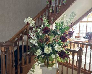 Gorgeous entrance hall potted faux flower bouquet 60”
15x15x25 painted white wood pedestal 