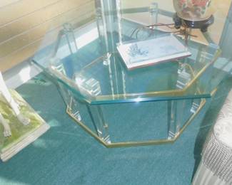 Vintage Brass & Lucite Glass Top Hexagon Coffee Table