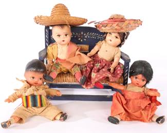 Vintage Mexican dolls and bench
