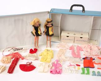Vintage Skipper & Scooter dolls, clothing, and case