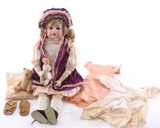 Antique Bisque doll, clothing, animals