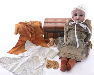Antique Bisque doll, clothing, trunk