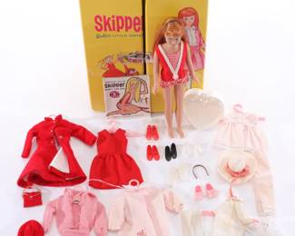 Vintage Skipper doll, clothing, and case