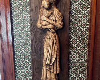 Vintage Faux Wood Cast Resin Sculpture of Mary and Baby Jesus Wall Hanging