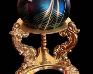 Vintage ORIENT & FLUME Art Glass Paperweight on Ornate Brass Stand