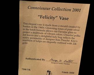 FENTON Limited Edition Felicity Vase - Signed by TOM FENTON