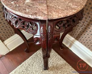 Victorian Style Marble Topped Hand Carved Half Moon Tables - PAIR