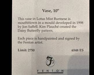 FENTON Limited Edition Lotus Mist Burmese Vase