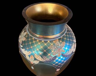 FENTON Limited Edition Favrene Art Glass Vase with Coralene Flowers and Gold Lattice by MARTHA REYNOLDS