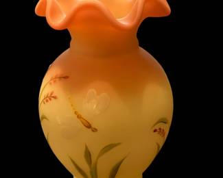 FENTON Limited Edition Dragonfly Dalliance Burmese Glass Vase