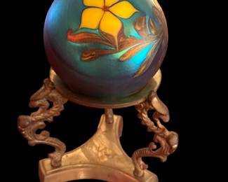 Vintage BRIDGETON STUDIO Art Glass Paperweight on Ornate Brass Stand