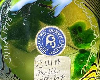 Vintage ORIENT & FLUME Art Glass BUTTERFLY Paperweight on Ornate Brass Stand