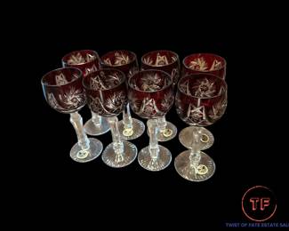 Hand Cut Ruby Red Cordial Crystal Glasses