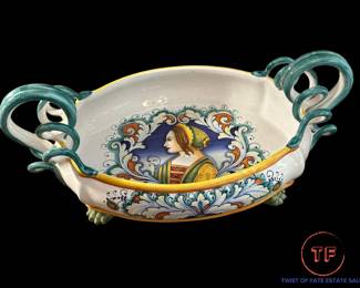 Vintage DERUTA Hand Painted Italian Center Piece with Snake Handles