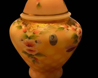 FENTON Limited Edition Burmese Glass Dragonfly Delight Temple Jar