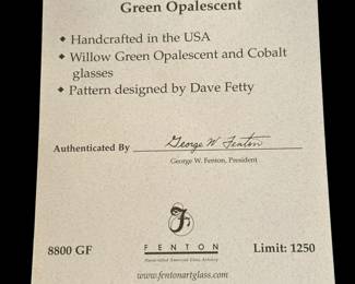 FENTON Limited Edition Hanging Hearts on Green Opalescent Pitcher with Cobalt Blue Base - Signed by TOM FENTON