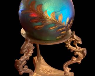 Vintage BRIDGETON STUDIO Art Glass Paperweight on Ornate Brass Stand