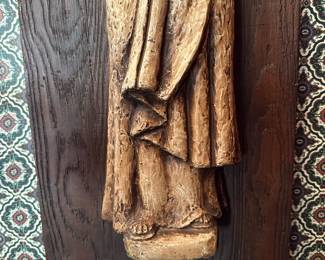 Vintage Faux Wood Cast Resin Sculpture of Mary and Baby Jesus Wall Hanging