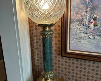 Art Deco Crystal Cut Globe Brass Banquet Lamp