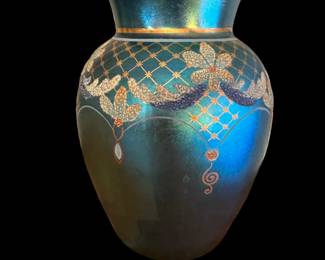 FENTON Limited Edition Favrene Art Glass Vase with Coralene Flowers and Gold Lattice by MARTHA REYNOLDS