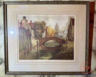Framed Vintage Monochrome Etching Bridge Scene Signed After LUCIEN DASSELBORNE