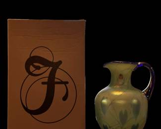 FENTON Limited Edition Hanging Hearts on Green Opalescent Pitcher with Cobalt Blue Base - Signed by TOM FENTON