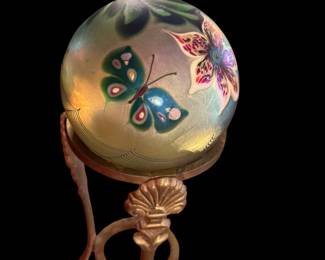 Vintage ORIENT & FLUME Art Glass BUTTERFLY Paperweight on Ornate Brass Stand