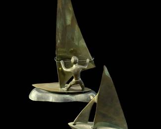 MCM Brass Windsurfer Sculpture and Brass Sailboat Sculpture