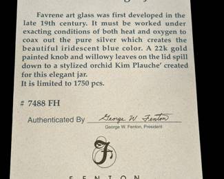 FENTON Limited Edition Favrene Glass Orchid Ginger Jar - Signed by TOM FENTON