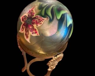 Vintage ORIENT & FLUME Art Glass BUTTERFLY Paperweight on Ornate Brass Stand