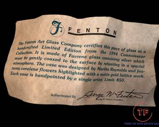 FENTON Limited Edition Favrene Art Glass Vase with Coralene Flowers and Gold Lattice by MARTHA REYNOLDS