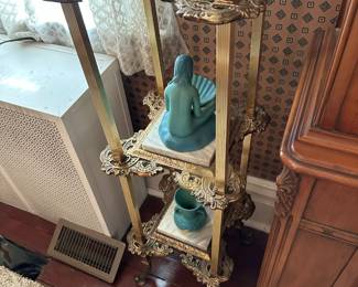 1800's Victorian Era Three Tier Brass Fern Stand with Marble Top Inserts